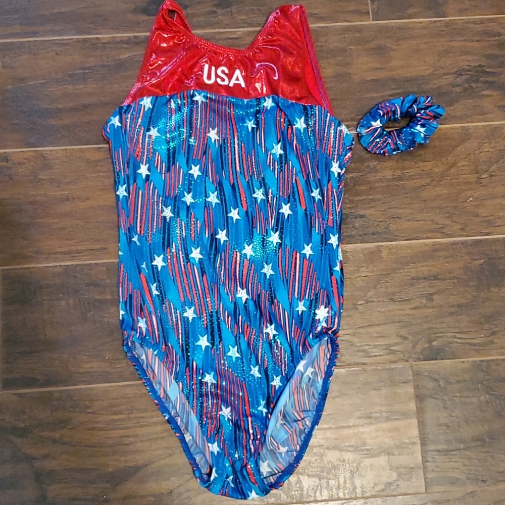 NW0T Womens small USA leotard with scrunchie
